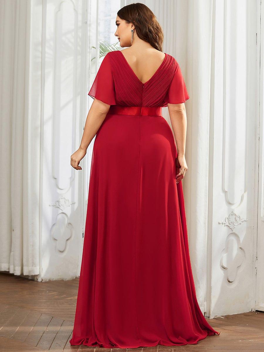pretty MONICA|Plus Size Empire Waist V Back Bridesmaid Dress with Short Sleeves