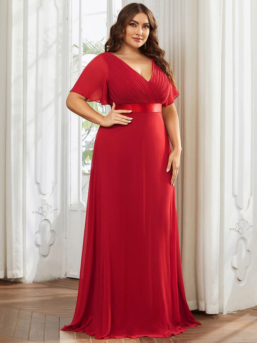 pretty MONICA|Plus Size Empire Waist V Back Bridesmaid Dress with Short Sleeves