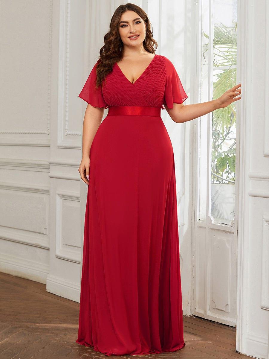 pretty MONICA|Plus Size Empire Waist V Back Bridesmaid Dress with Short Sleeves