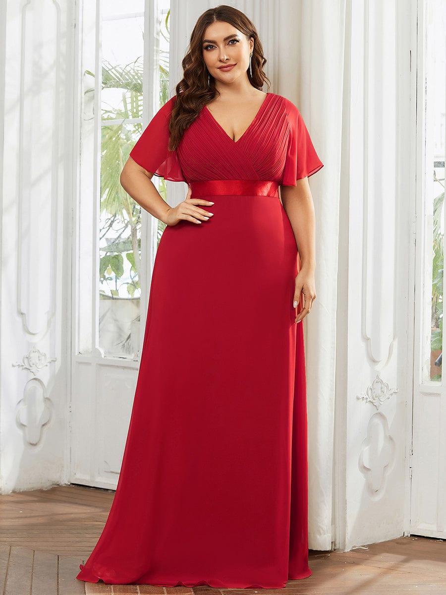 pretty MONICA|Plus Size Empire Waist V Back Bridesmaid Dress with Short Sleeves
