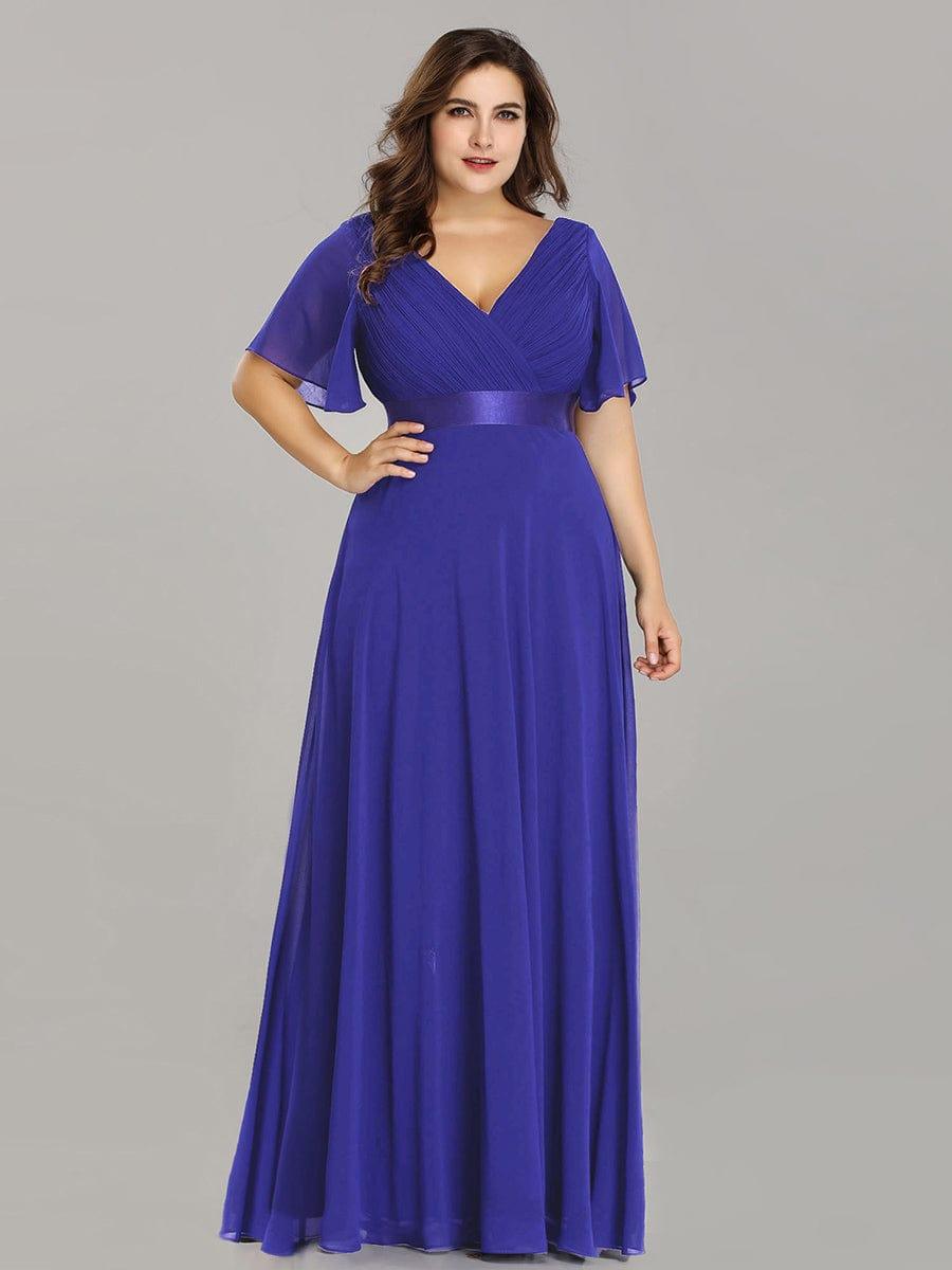 pretty MONICA|Plus Size Empire Waist V Back Bridesmaid Dress with Short Sleeves