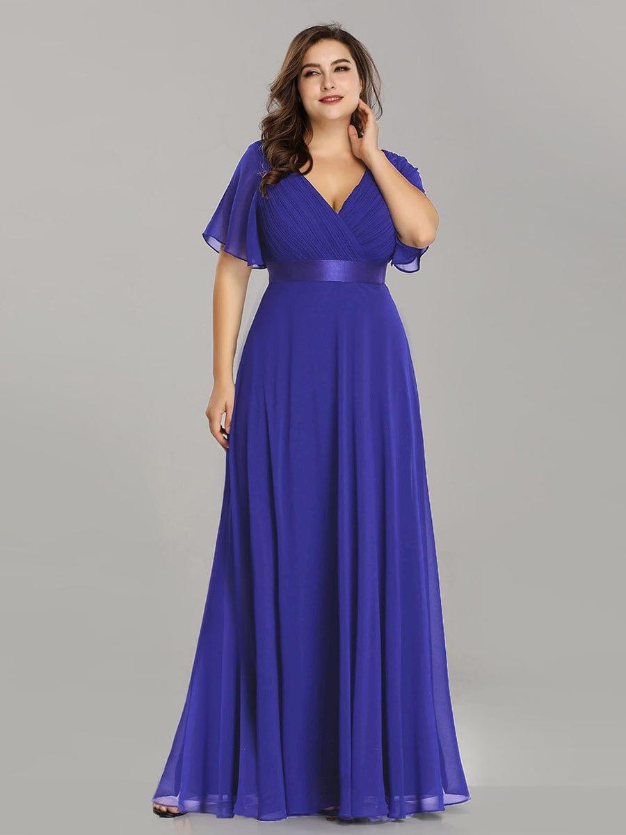 pretty MONICA|Plus Size Empire Waist V Back Bridesmaid Dress with Short Sleeves