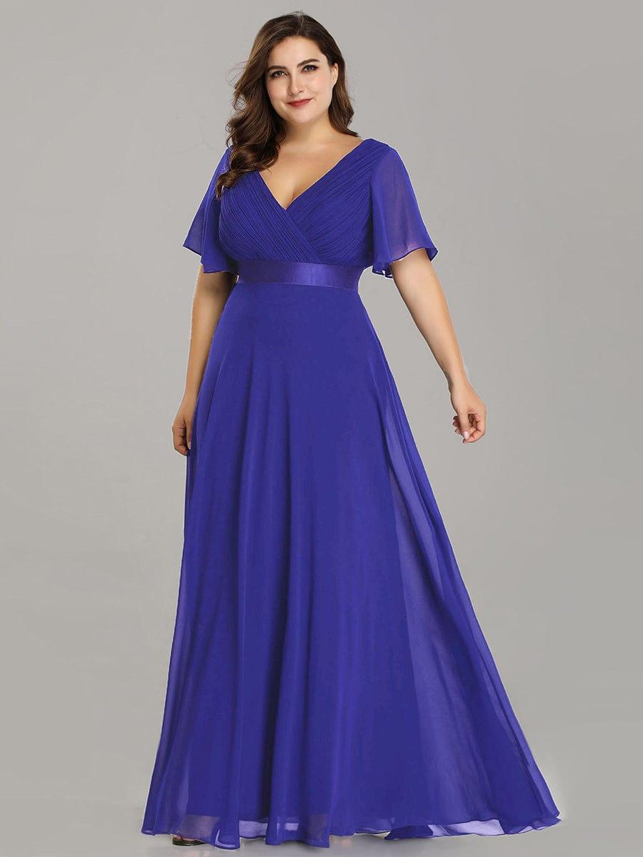 pretty MONICA|Plus Size Empire Waist V Back Bridesmaid Dress with Short Sleeves