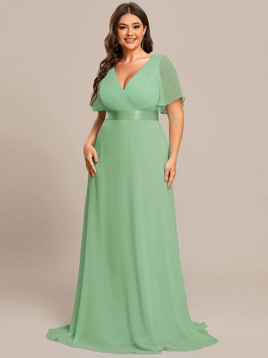 pretty MONICA|Plus Size Empire Waist V Back Bridesmaid Dress with Short Sleeves