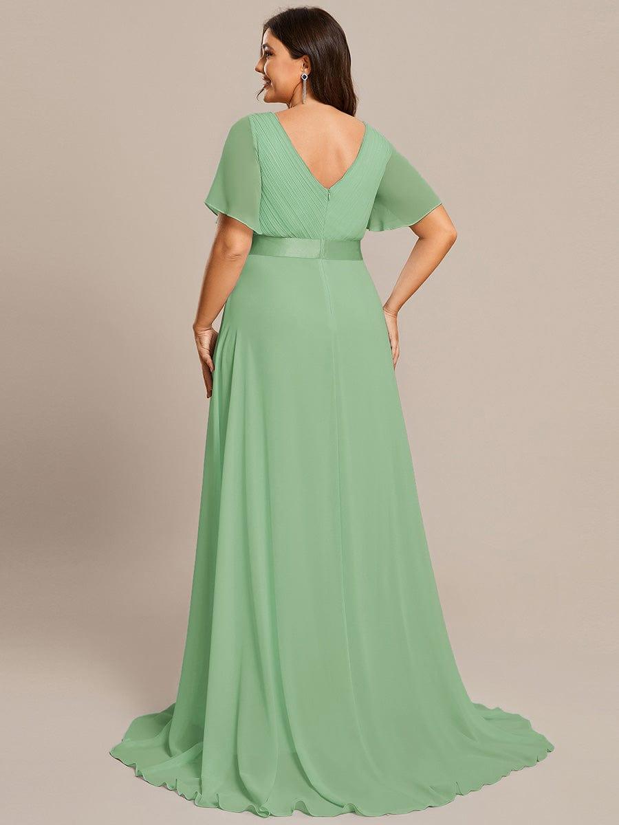 pretty MONICA|Plus Size Empire Waist V Back Bridesmaid Dress with Short Sleeves