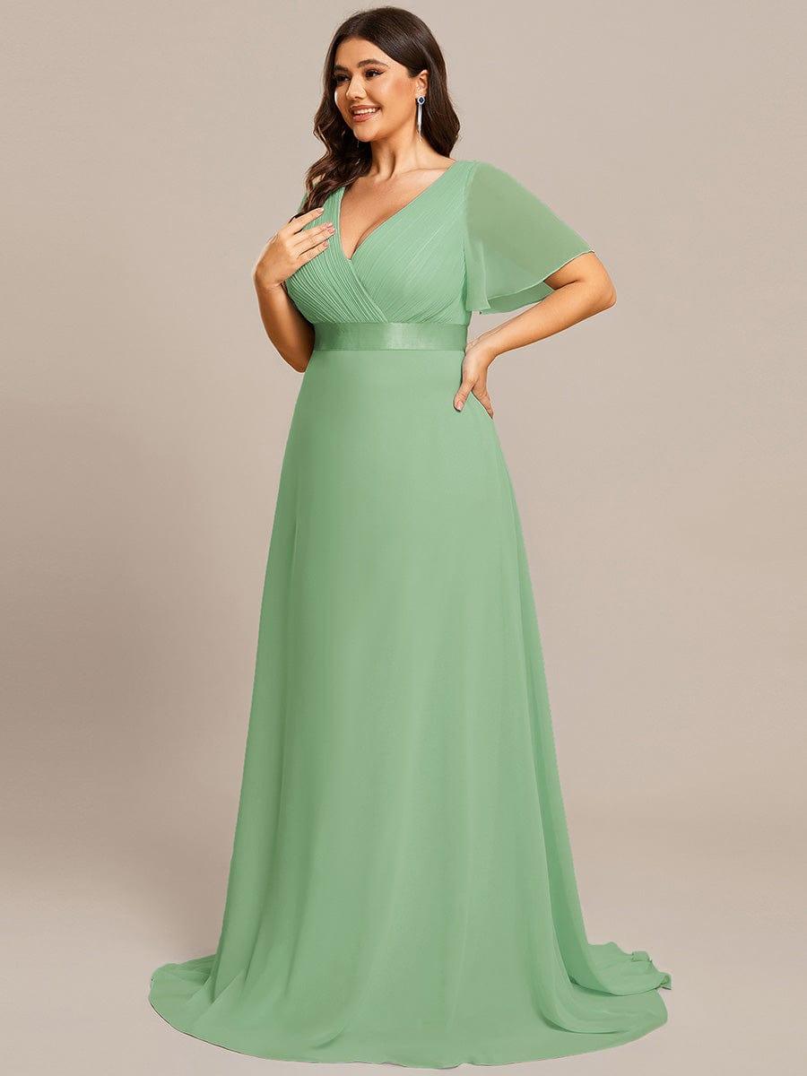 pretty MONICA|Plus Size Empire Waist V Back Bridesmaid Dress with Short Sleeves
