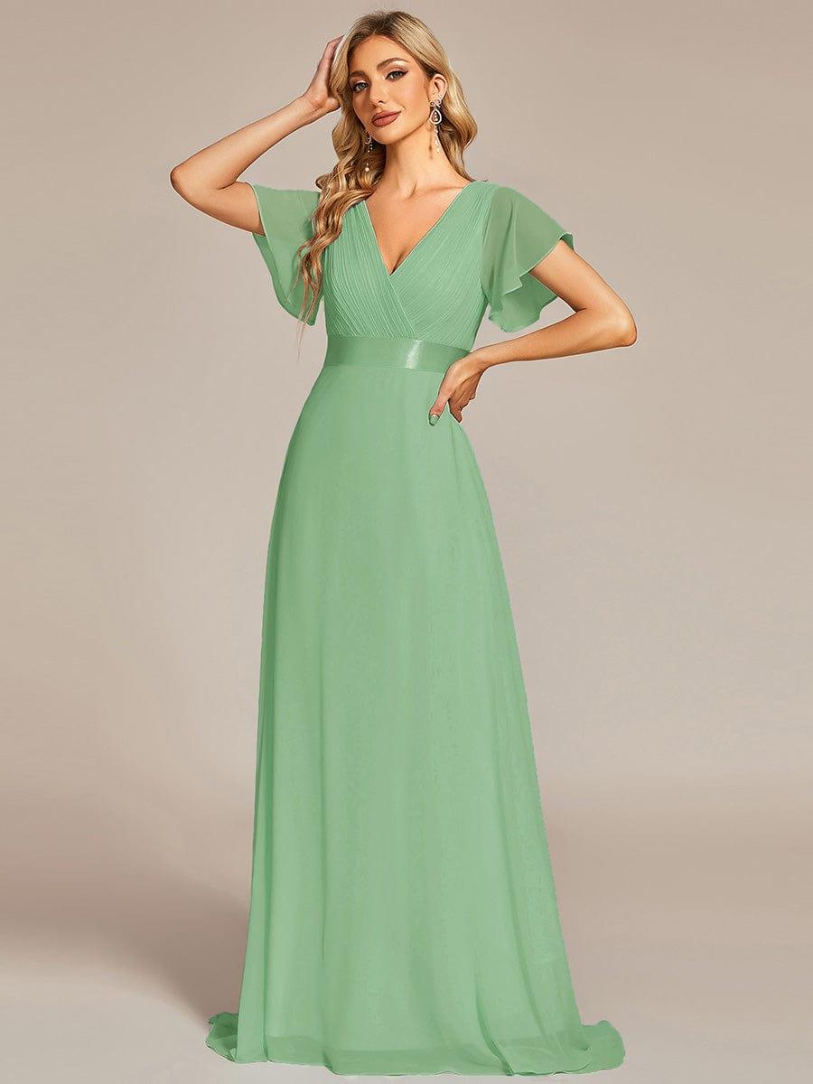 MONICA|Long Empire Waist Bridesmaid Dress with Short Flutter Sleeves