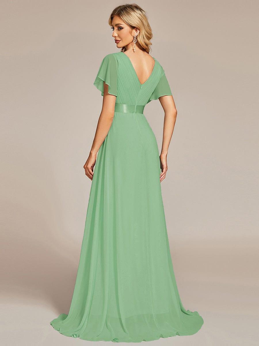 MONICA|Long Empire Waist Bridesmaid Dress with Short Flutter Sleeves