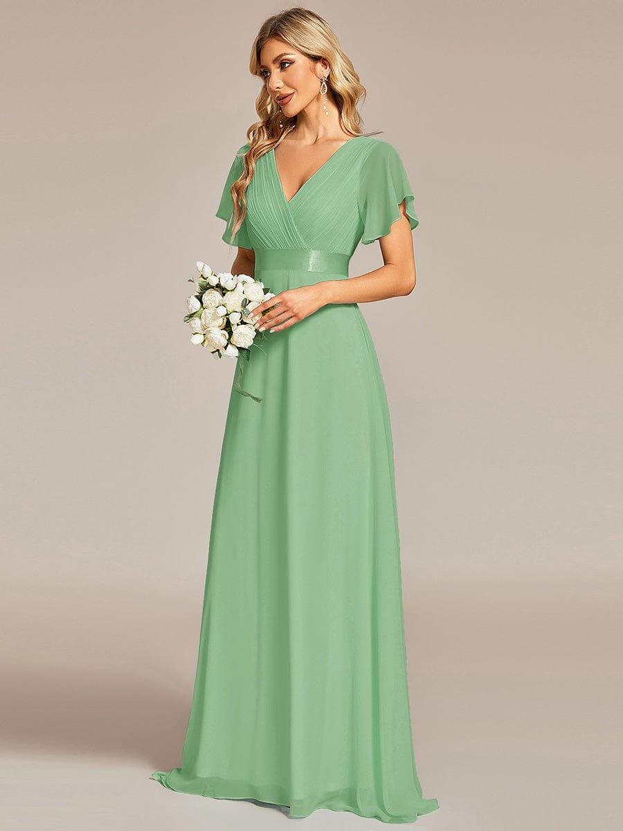 MONICA|Long Empire Waist Bridesmaid Dress with Short Flutter Sleeves