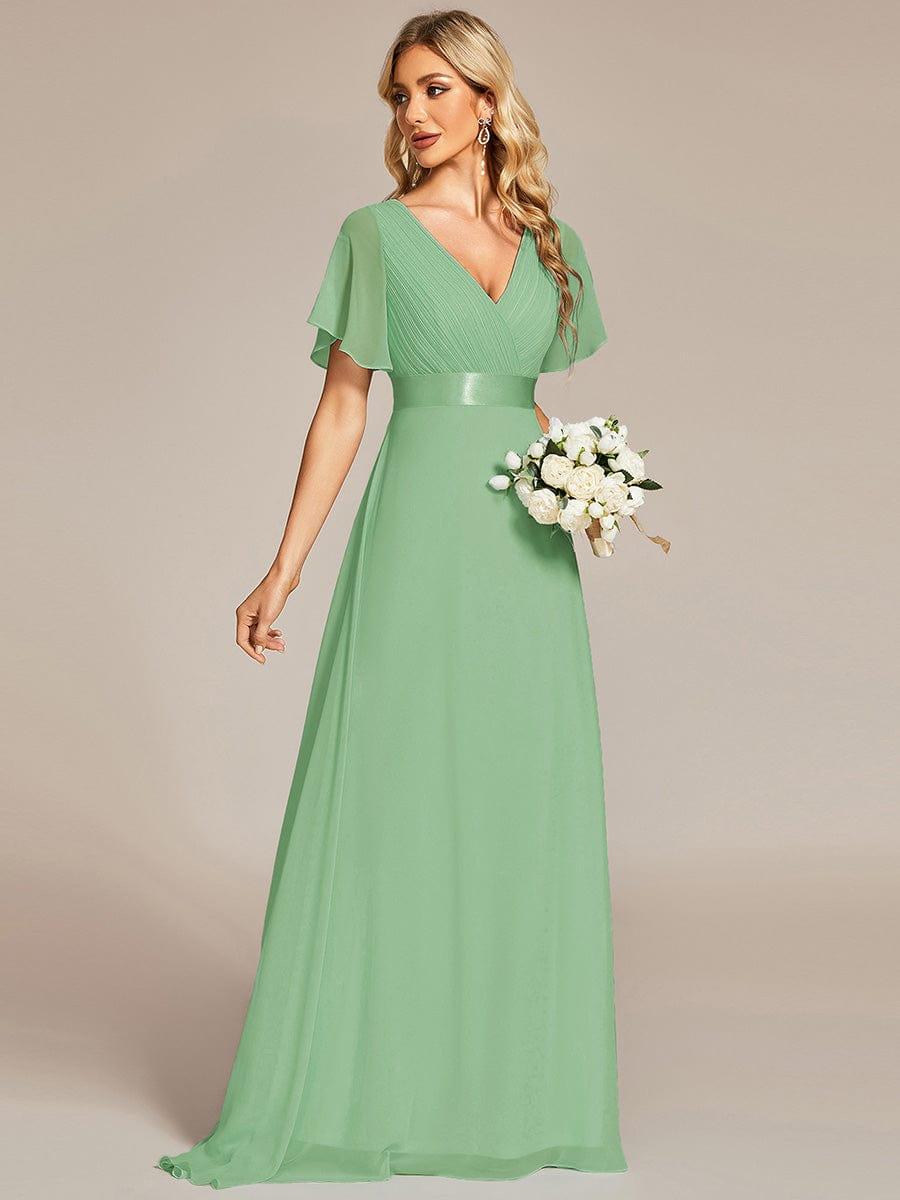 MONICA|Long Empire Waist Bridesmaid Dress with Short Flutter Sleeves
