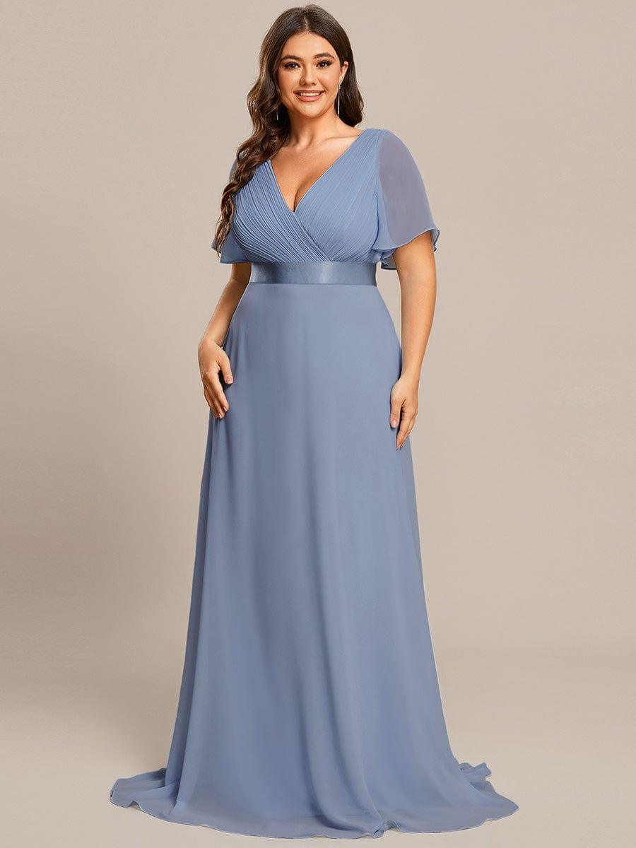 pretty MONICA|Plus Size Empire Waist V Back Bridesmaid Dress with Short Sleeves