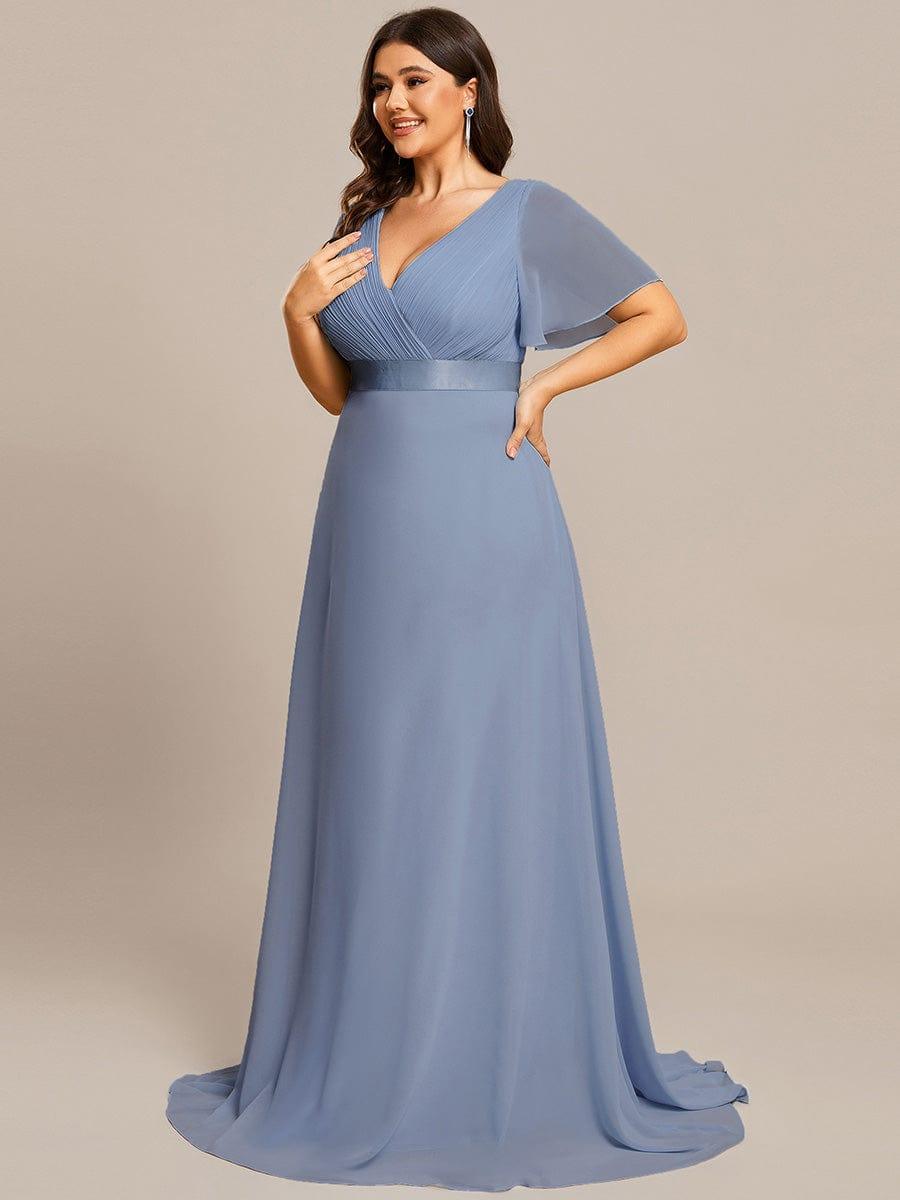 pretty MONICA|Plus Size Empire Waist V Back Bridesmaid Dress with Short Sleeves