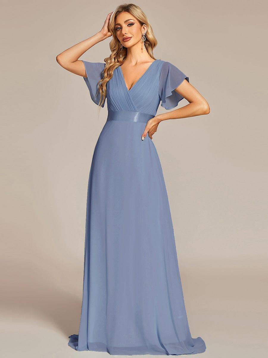 MONICA|Long Empire Waist Bridesmaid Dress with Short Flutter Sleeves