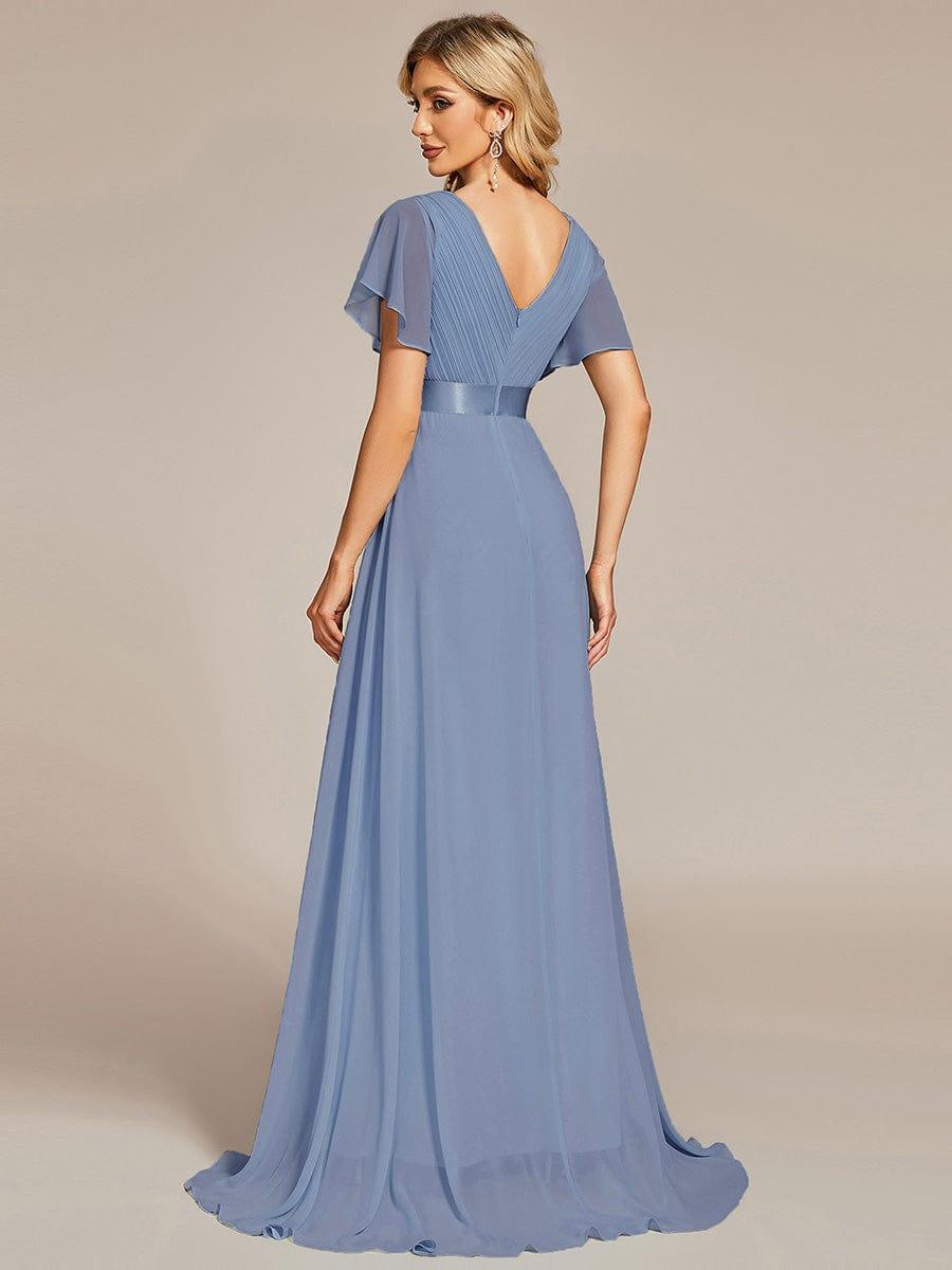 MONICA|Long Empire Waist Bridesmaid Dress with Short Flutter Sleeves