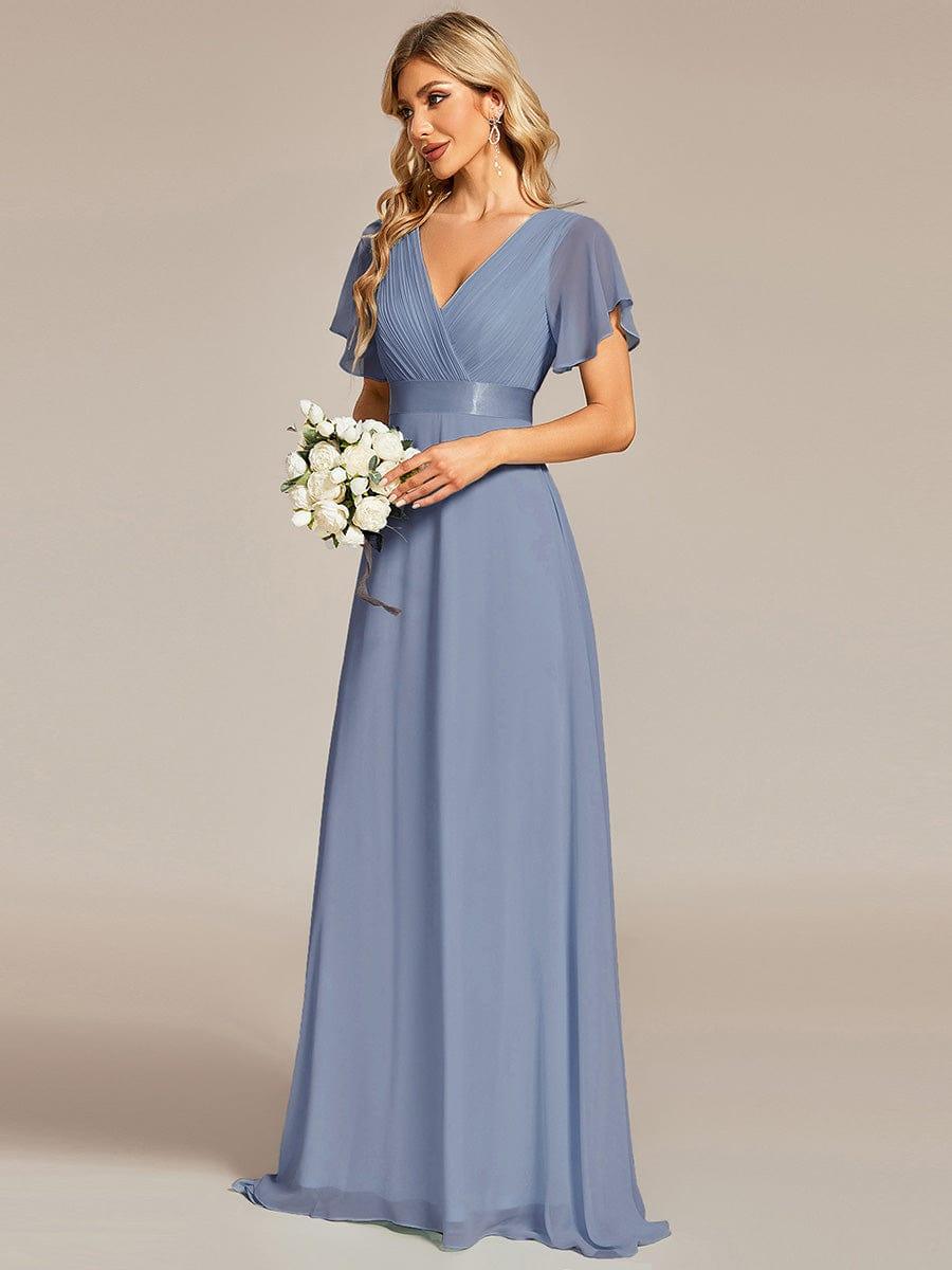 MONICA|Long Empire Waist Bridesmaid Dress with Short Flutter Sleeves