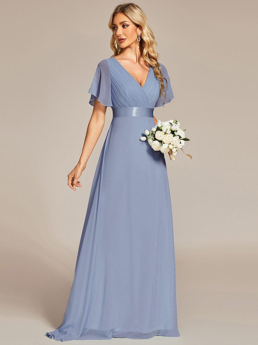 MONICA|Long Empire Waist Bridesmaid Dress with Short Flutter Sleeves