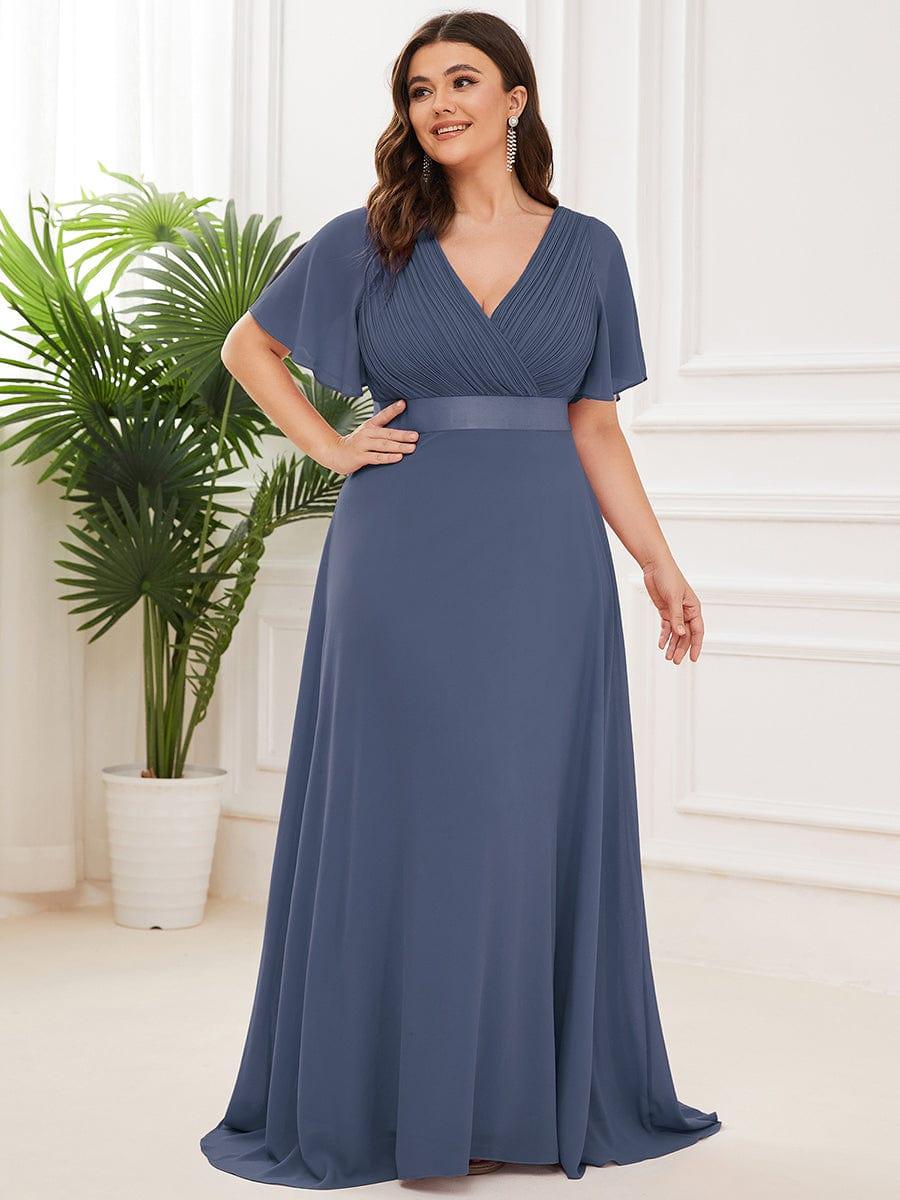 pretty MONICA|Plus Size Empire Waist V Back Bridesmaid Dress with Short Sleeves