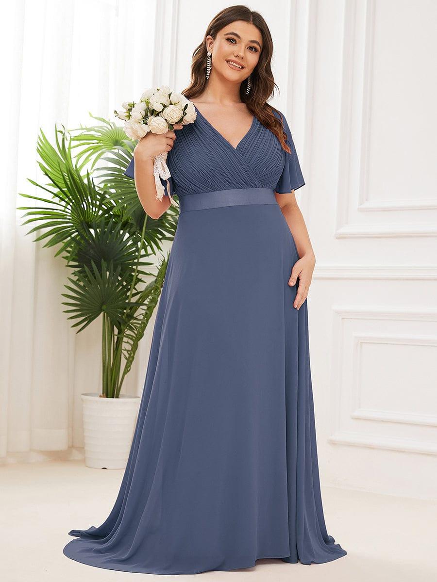 pretty MONICA|Plus Size Empire Waist V Back Bridesmaid Dress with Short Sleeves