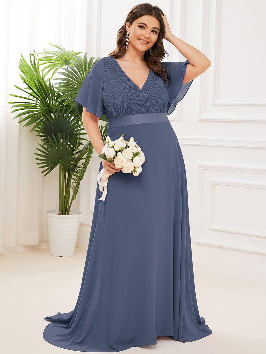 pretty MONICA|Plus Size Empire Waist V Back Bridesmaid Dress with Short Sleeves