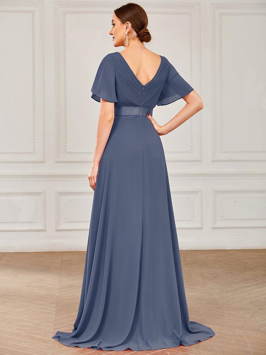 MONICA|Long Empire Waist Bridesmaid Dress with Short Flutter Sleeves