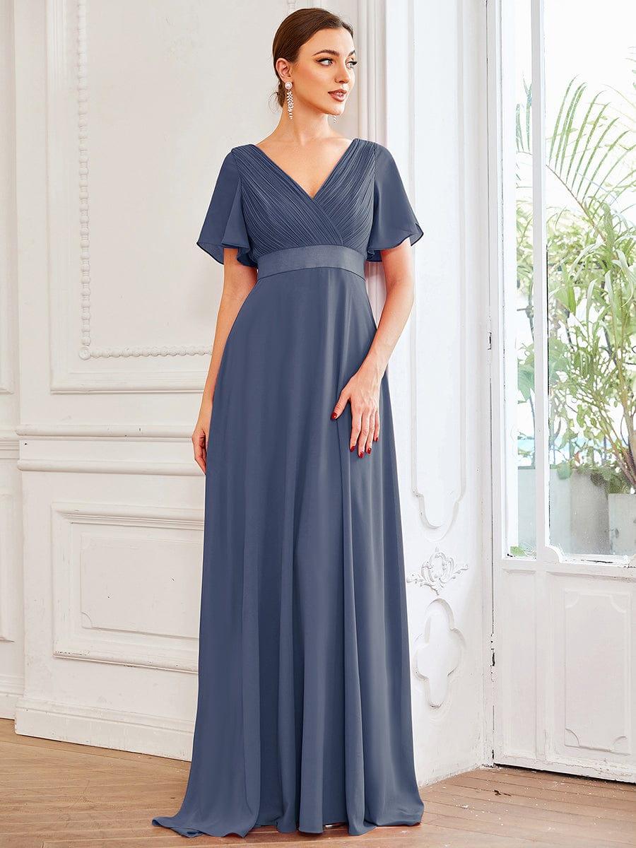 MONICA|Long Empire Waist Bridesmaid Dress with Short Flutter Sleeves