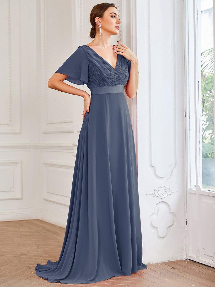 MONICA|Long Empire Waist Bridesmaid Dress with Short Flutter Sleeves