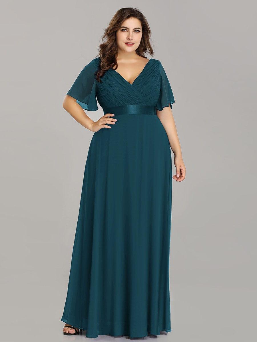 pretty MONICA|Plus Size Empire Waist V Back Bridesmaid Dress with Short Sleeves