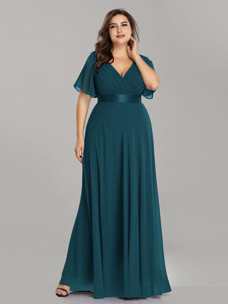 pretty MONICA|Plus Size Empire Waist V Back Bridesmaid Dress with Short Sleeves
