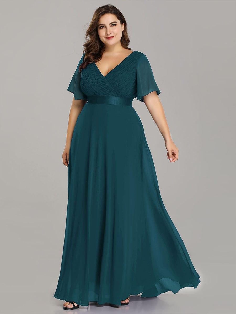 pretty MONICA|Plus Size Empire Waist V Back Bridesmaid Dress with Short Sleeves