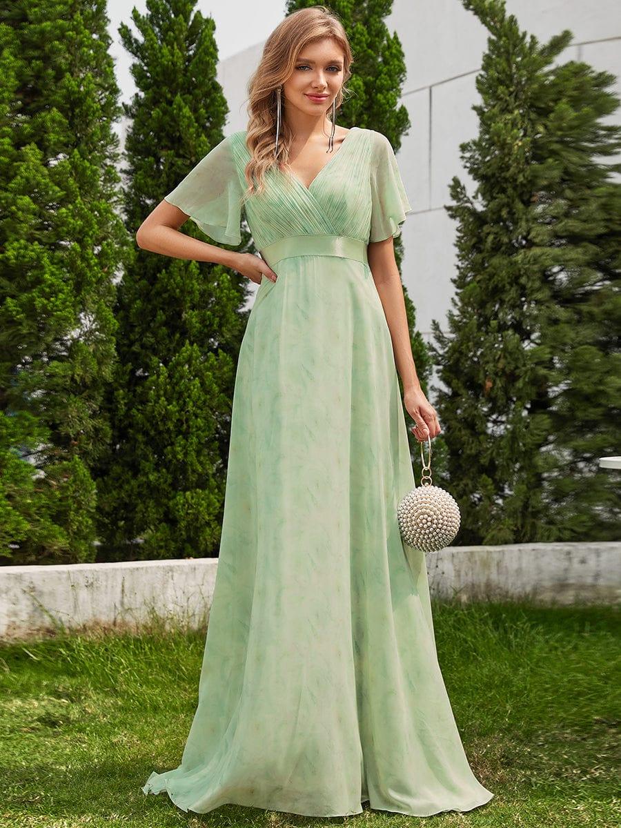 MONICA|Long Empire Waist Bridesmaid Dress with Short Flutter Sleeves