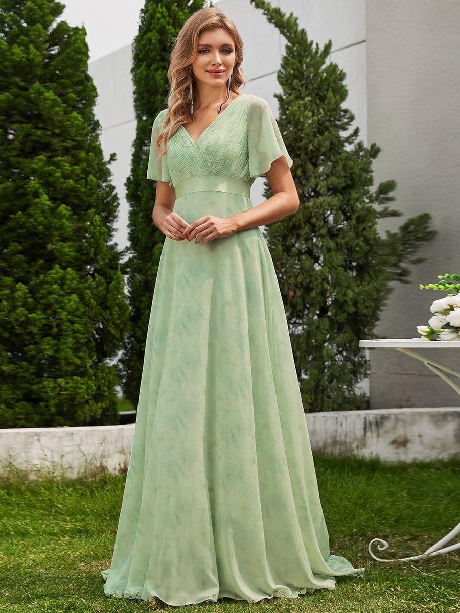 MONICA|Long Empire Waist Bridesmaid Dress with Short Flutter Sleeves