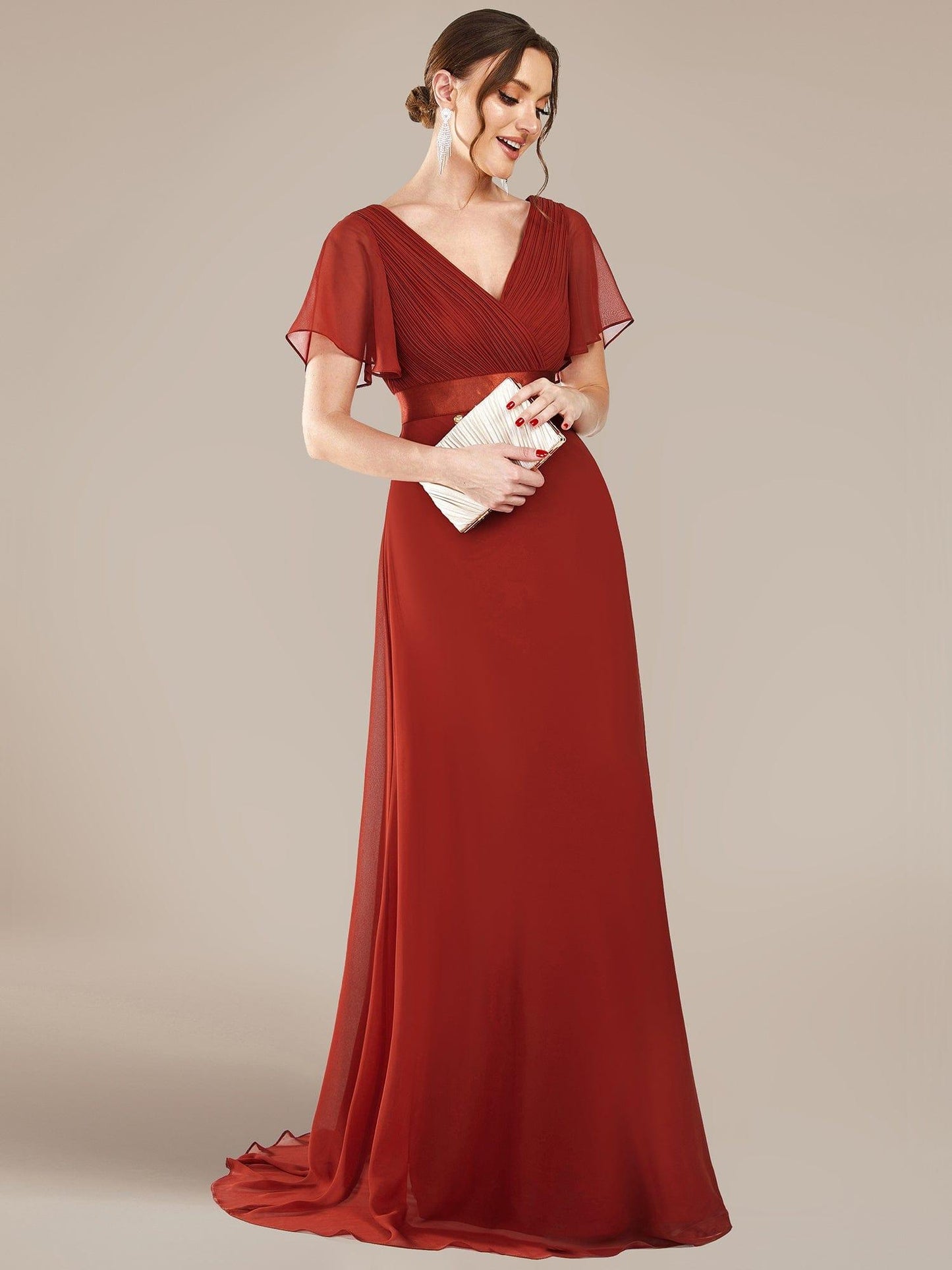 MONICA|Long Empire Waist Bridesmaid Dress with Short Flutter Sleeves
