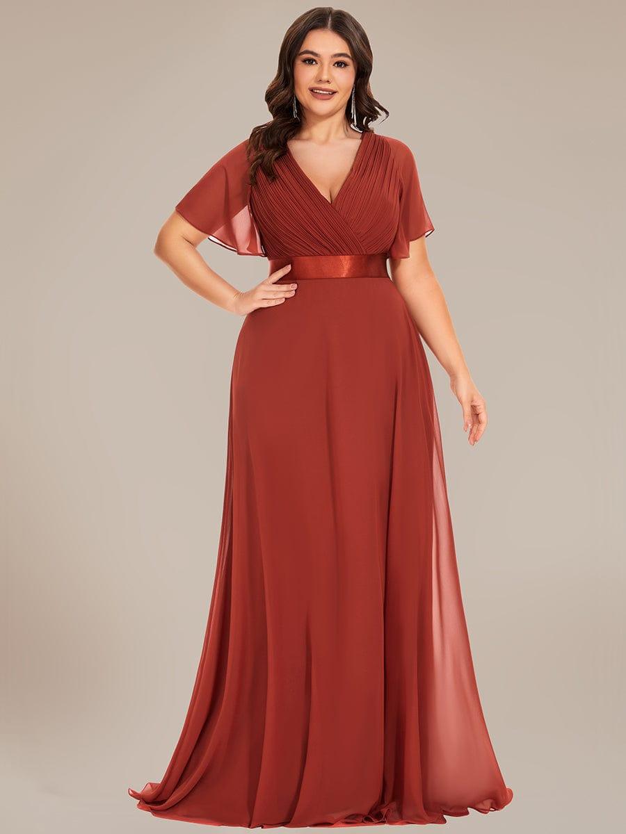 pretty MONICA|Plus Size Empire Waist V Back Bridesmaid Dress with Short Sleeves