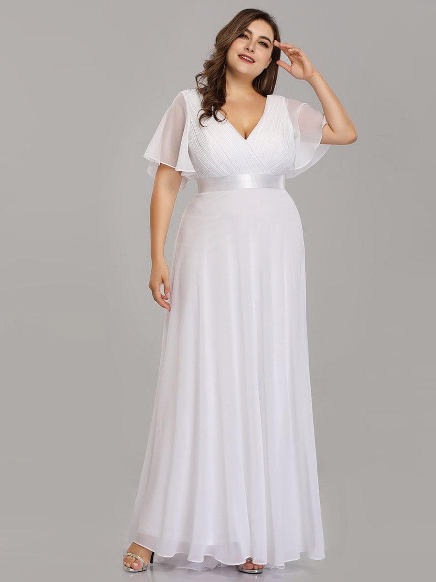pretty MONICA|Plus Size Empire Waist V Back Bridesmaid Dress with Short Sleeves