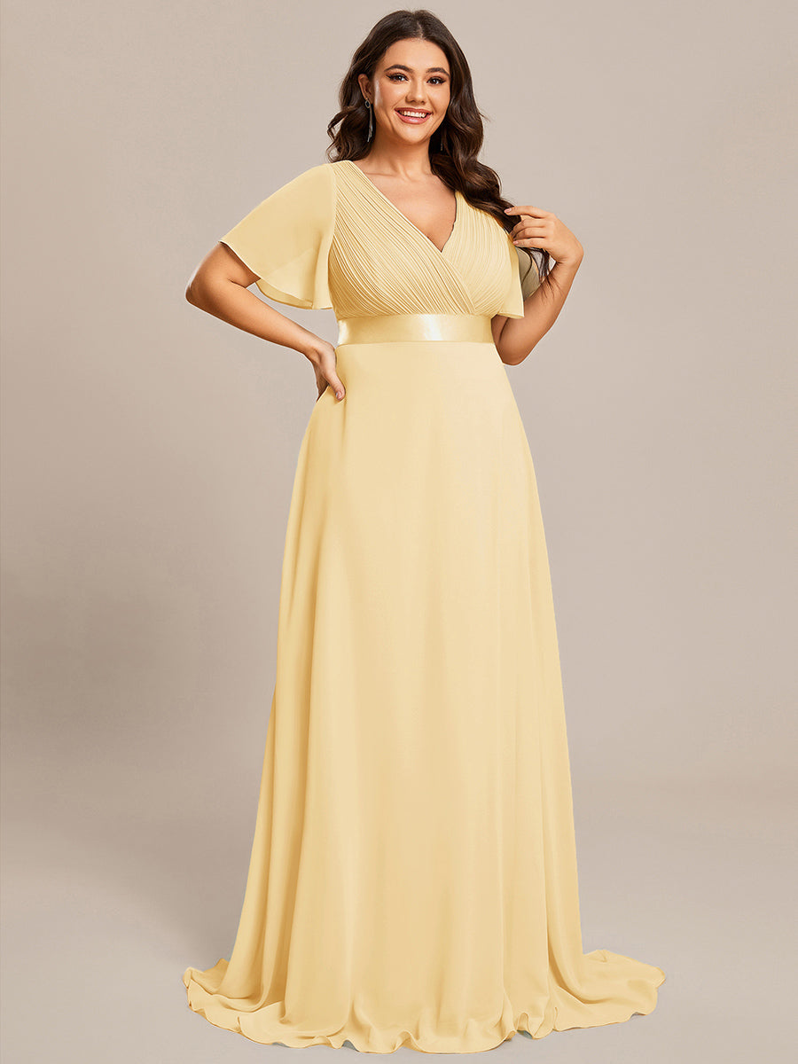 MONICA|Long Empire Waist Bridesmaid Dress with Short Flutter Sleeves