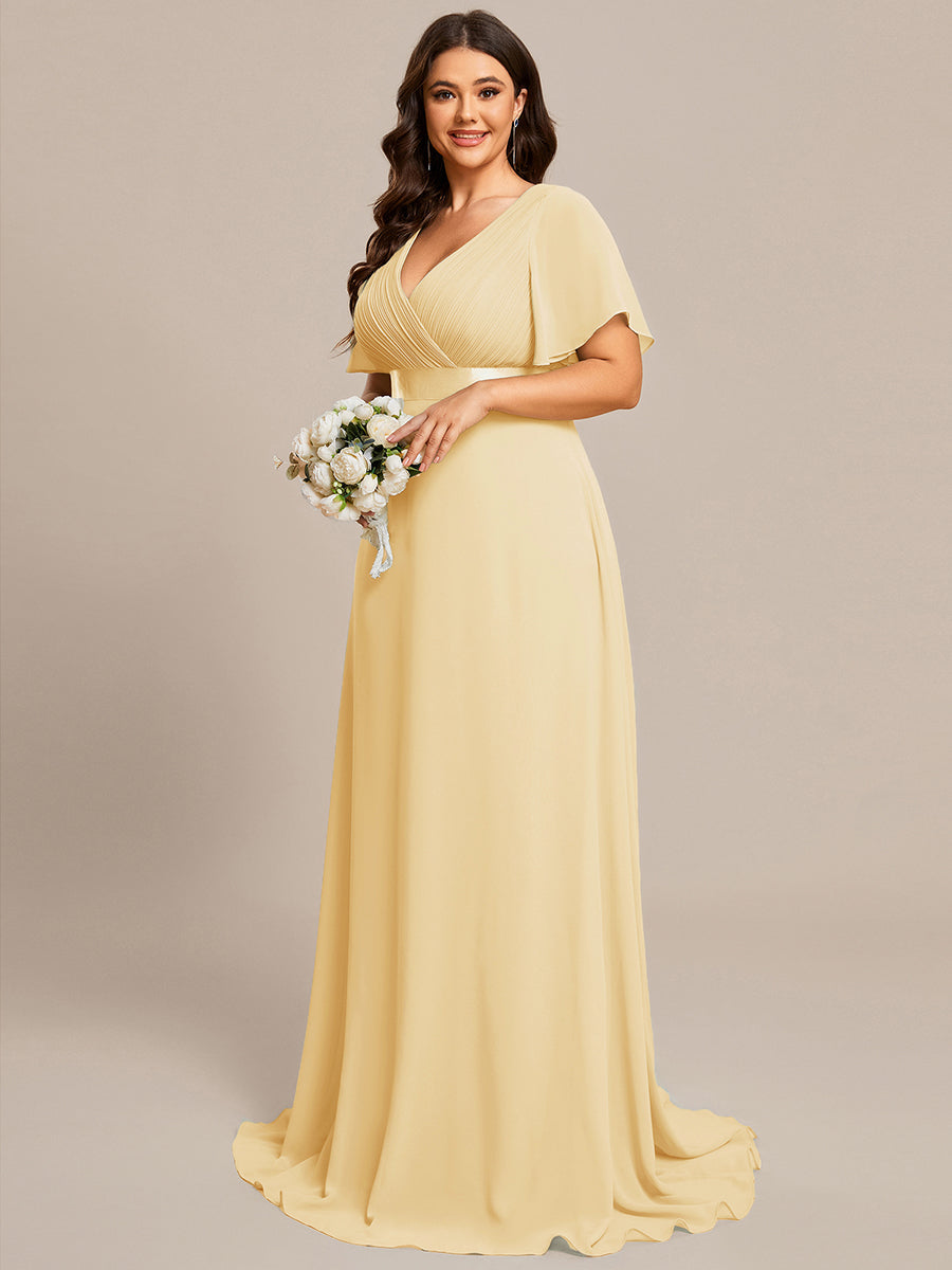 MONICA|Long Empire Waist Bridesmaid Dress with Short Flutter Sleeves