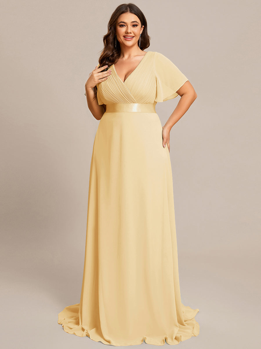 MONICA|Long Empire Waist Bridesmaid Dress with Short Flutter Sleeves