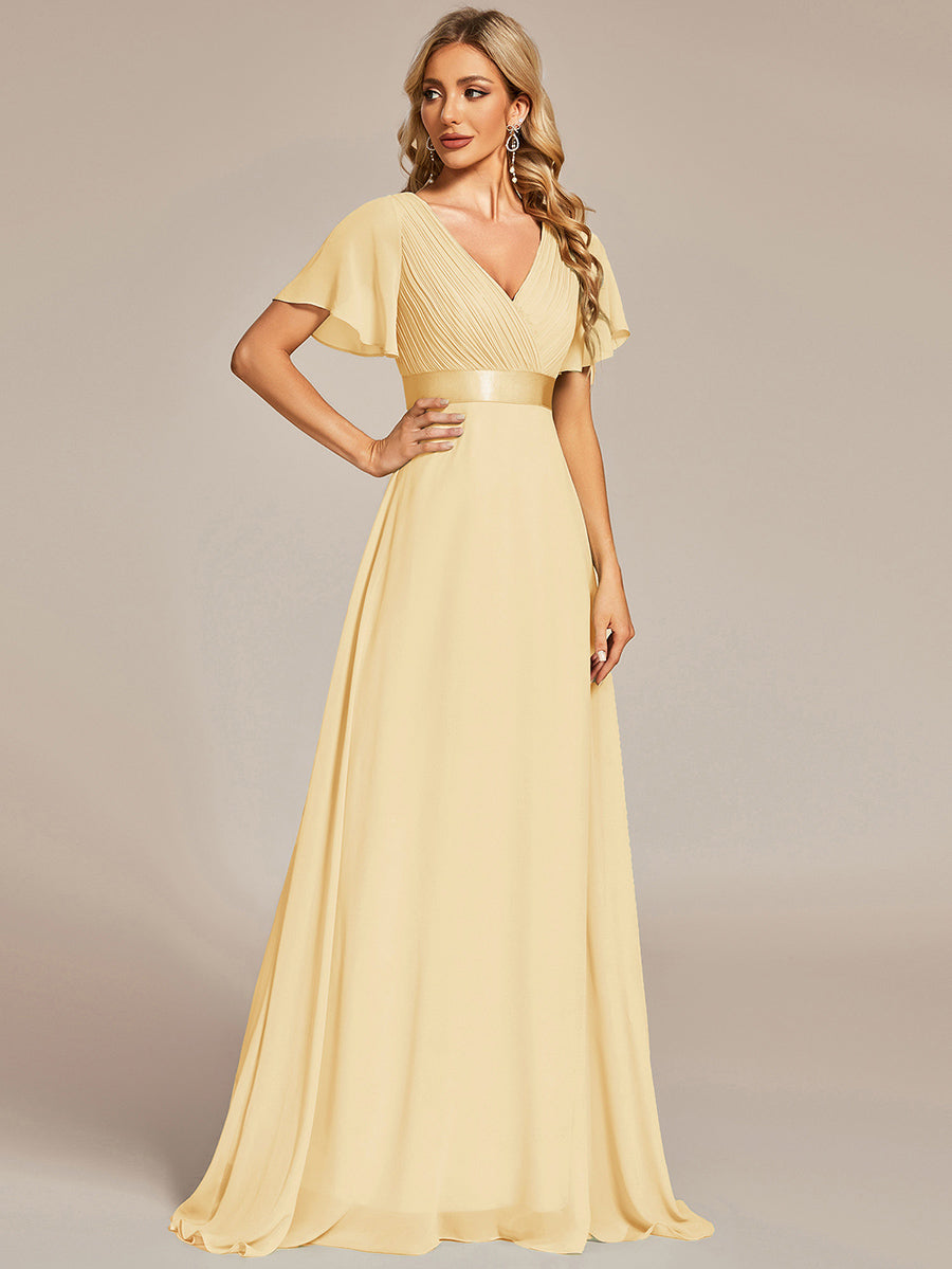 MONICA|Long Empire Waist Bridesmaid Dress with Short Flutter Sleeves