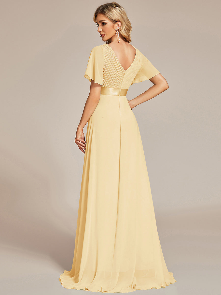 MONICA|Long Empire Waist Bridesmaid Dress with Short Flutter Sleeves