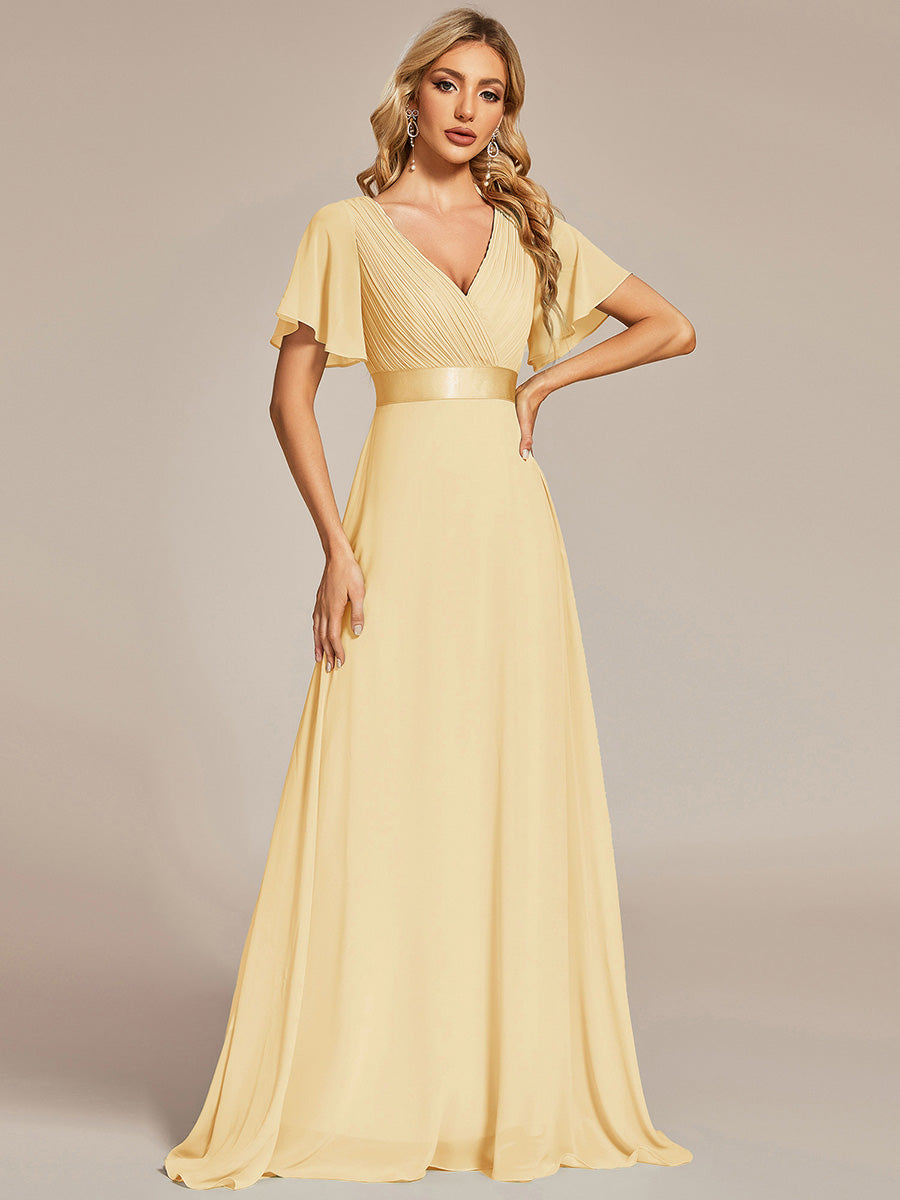 MONICA|Long Empire Waist Bridesmaid Dress with Short Flutter Sleeves