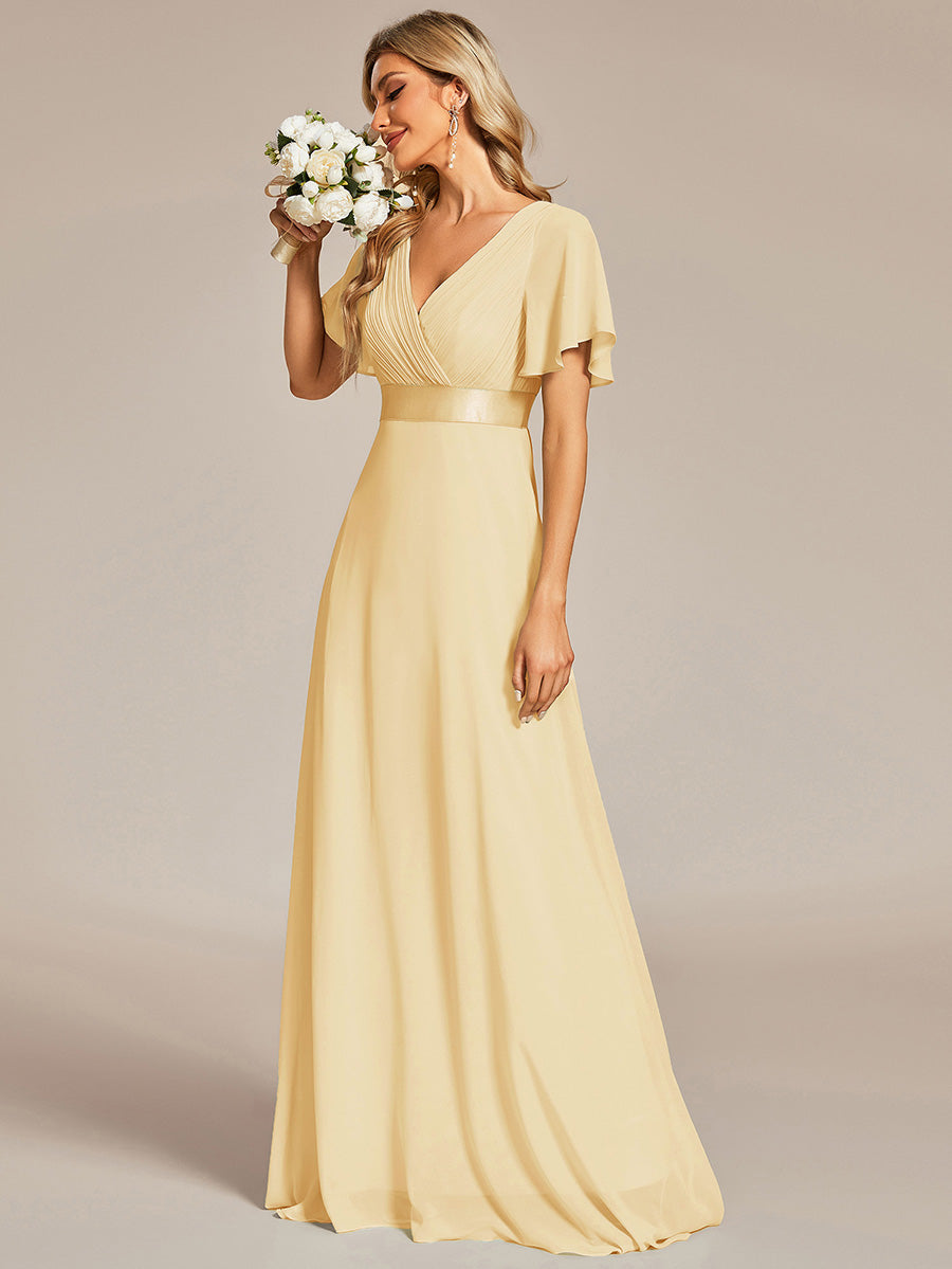 MONICA|Long Empire Waist Bridesmaid Dress with Short Flutter Sleeves