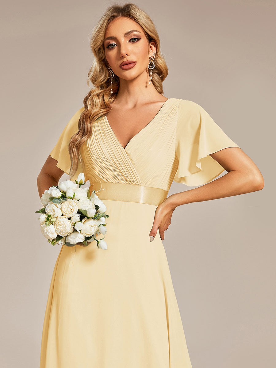 MONICA|Long Empire Waist Bridesmaid Dress with Short Flutter Sleeves