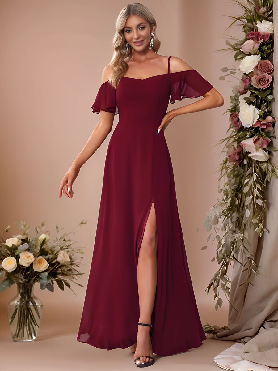 REYA|Stylish Cold Shoulder Flare Sleeves Flowy Bridesmaid Dress