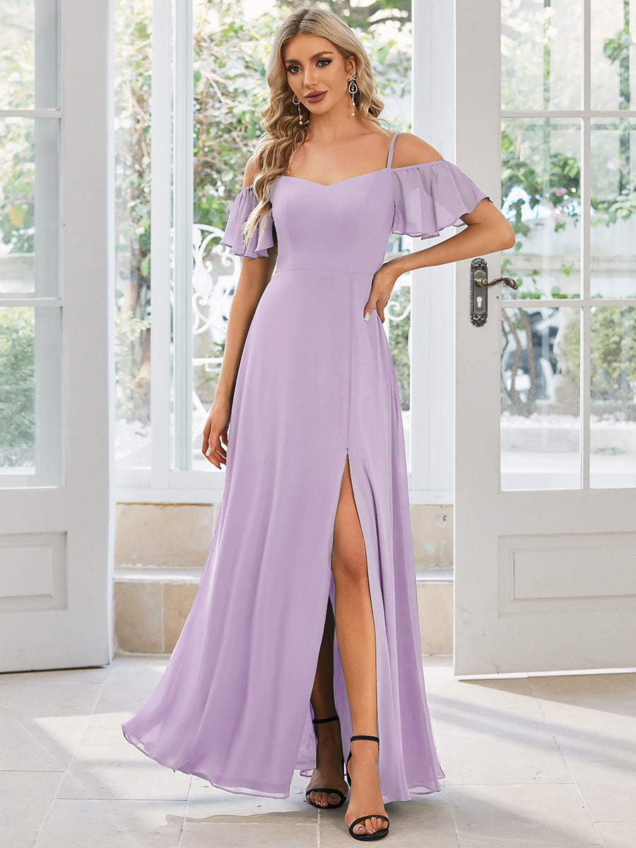 REYA|Stylish Cold Shoulder Flare Sleeves Flowy Bridesmaid Dress