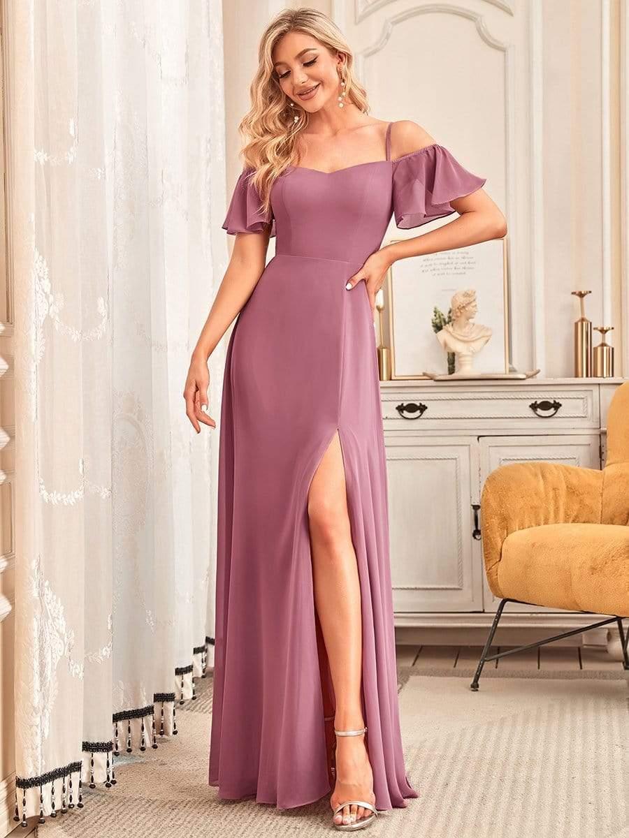 REYA|Stylish Cold Shoulder Flare Sleeves Flowy Bridesmaid Dress