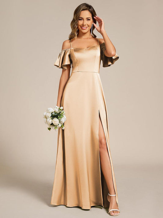 AUBREE|Short Sleeve Off Shoulder A-Line Satin Bridesmaid Dress