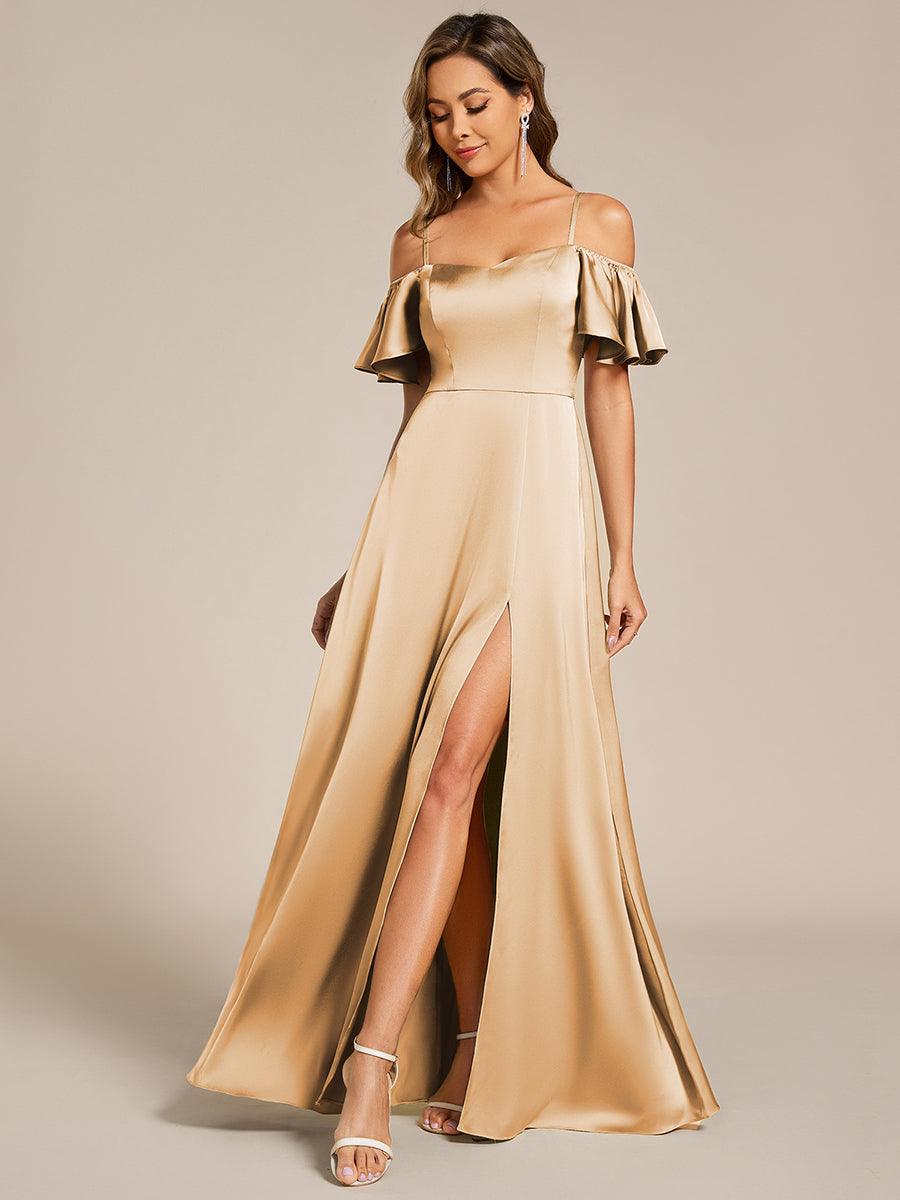 AUBREE|Short Sleeve Off Shoulder A-Line Satin Bridesmaid Dress