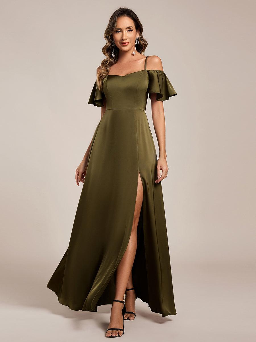 AUBREE|Short Sleeve Off Shoulder A-Line Satin Bridesmaid Dress