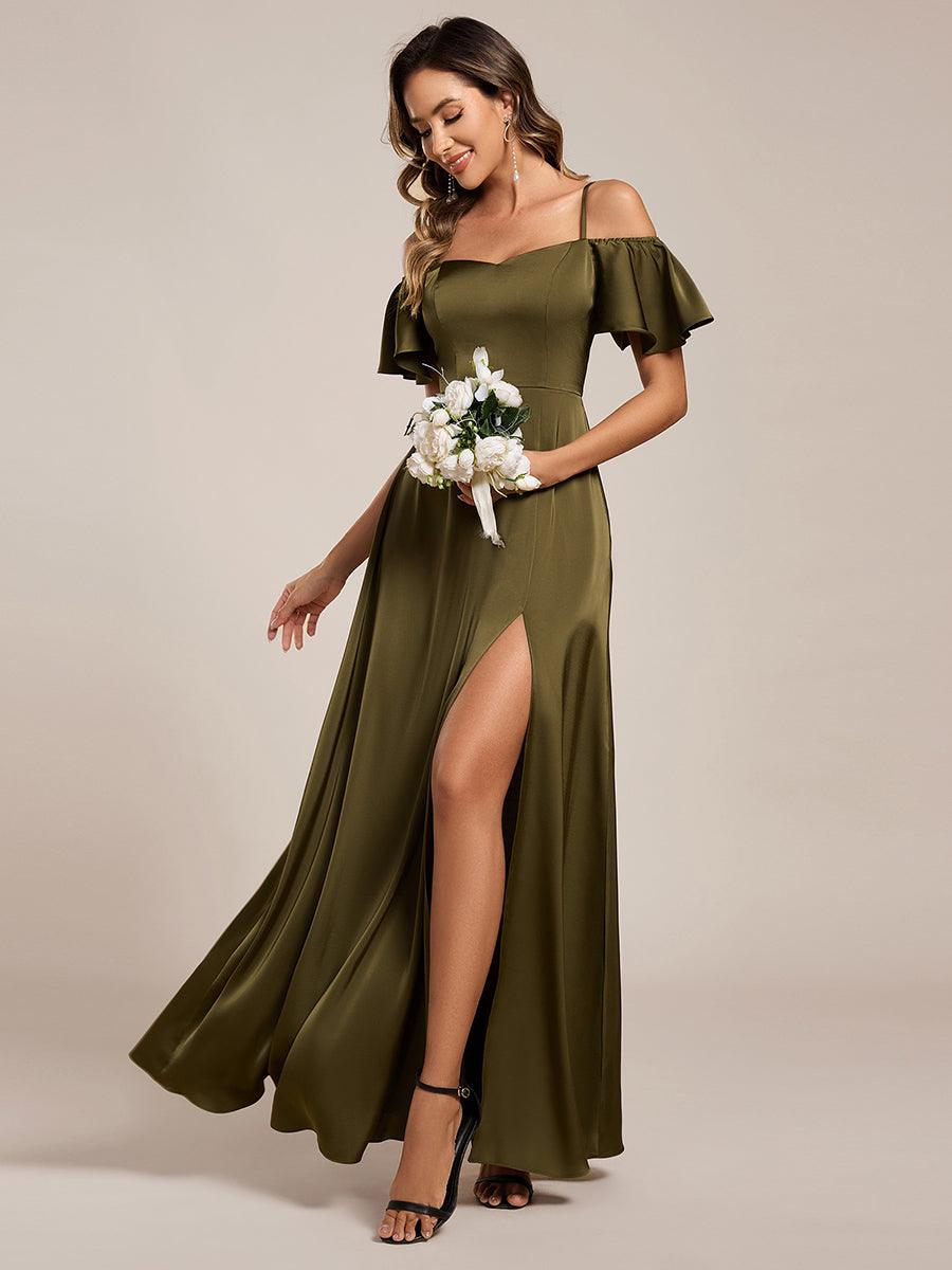 AUBREE|Short Sleeve Off Shoulder A-Line Satin Bridesmaid Dress