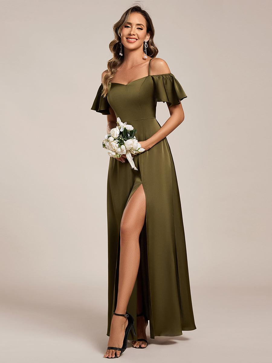 AUBREE|Short Sleeve Off Shoulder A-Line Satin Bridesmaid Dress